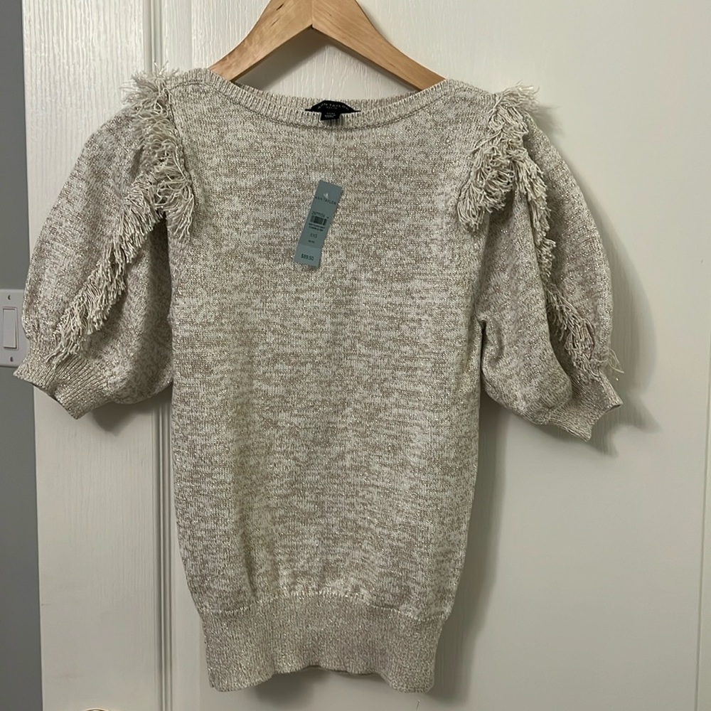 NWT. Short sleeve sweater. Cream with gold detail. XXSP. Ann Taylor.